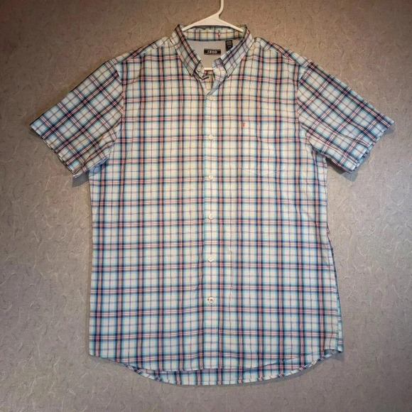 IZOD Men's Short Sleeve  Button Down Plaid Shirt White/Blue/Red Size Large - Picture 1 of 6